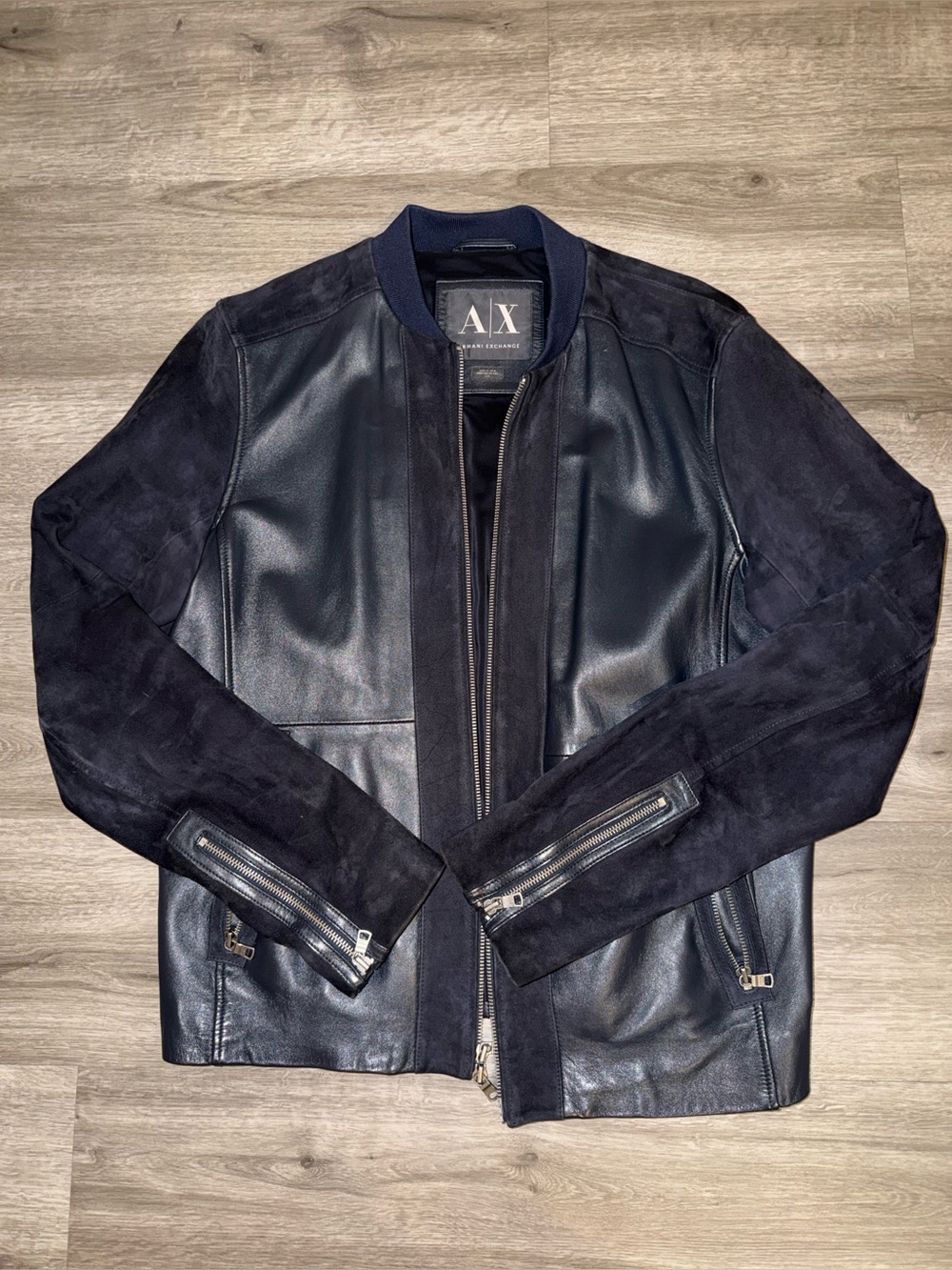 Armani Exchange Men's Navy Leather and Suede Bomber Jacket